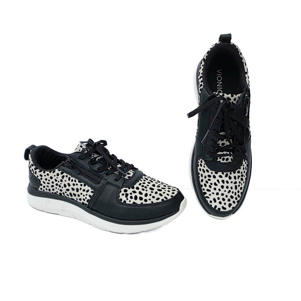 Vionic Remi Spot Sneakers Womens‎ 11 Black Leather Suede Animal Print Zip